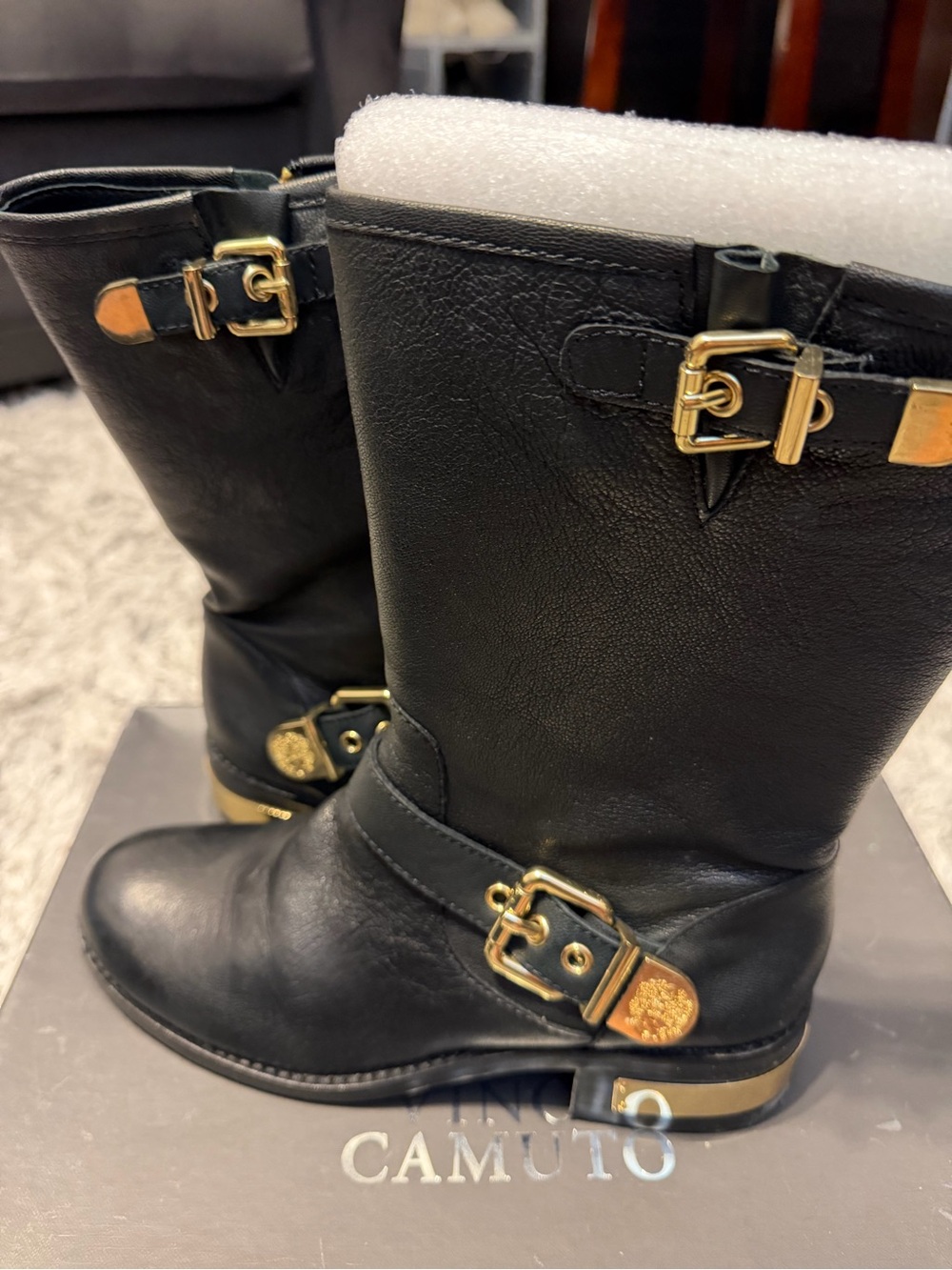 Vince Camuto Black Leather Mid-Calf Boots with Gold Hardware